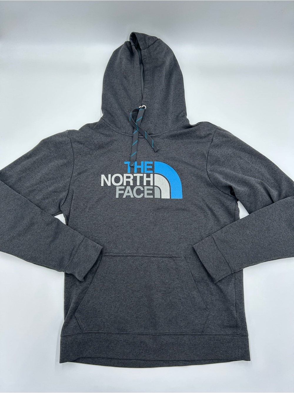 The North Face Men's Charcoal Gray Hoodie with Blue and White Logo S